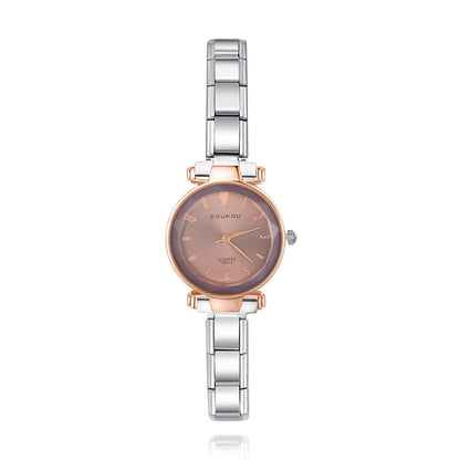 Round Rose Gold & Silver Watch with Starry Face Dial — Celestial Italian Charm Watch Bracelet
