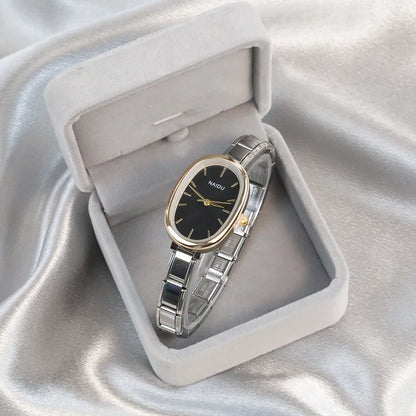 Sleek Oval Watch with Simple Lines — Modern Minimalist Italian Charm Watch Bracelet