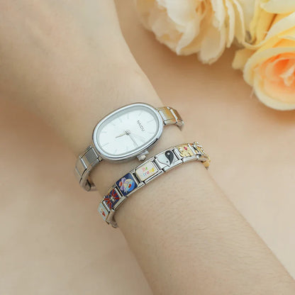 Sleek Oval Watch with Simple Lines — Modern Minimalist Italian Charm Watch Bracelet
