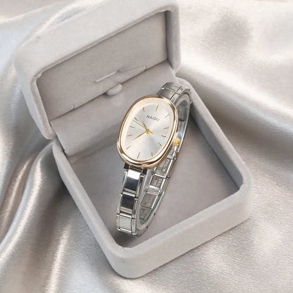 Sleek Oval Watch with Simple Lines — Modern Minimalist Italian Charm Watch Bracelet