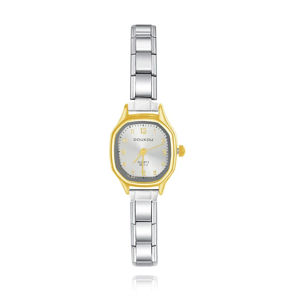 Small Two-Tone Gold & Silver Octagon Watch — Geometric Italian Charm Watch Bracelet