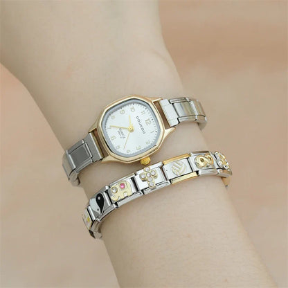 Small Two-Tone Gold & Silver Octagon Watch — Geometric Italian Charm Watch Bracelet