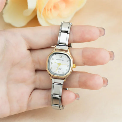 Small Two-Tone Gold & Silver Octagon Watch — Geometric Italian Charm Watch Bracelet
