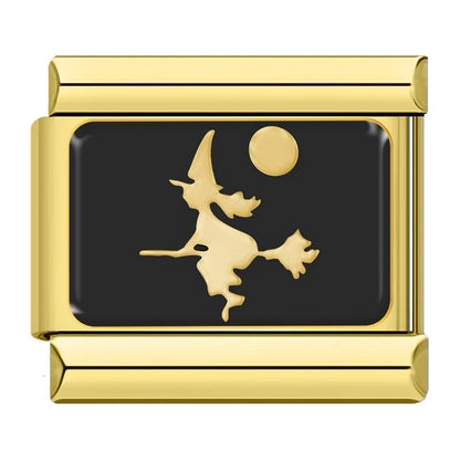 Gold & Black Spooky Halloween Italian Charms — Witch, Pumpkin, Ghost, Skull & Spider Web Links