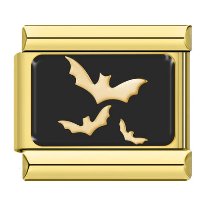 Gold & Black Spooky Halloween Italian Charms — Witch, Pumpkin, Ghost, Skull & Spider Web Links