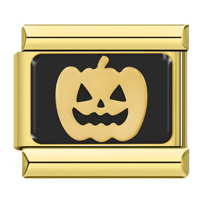 Gold & Black Spooky Halloween Italian Charms — Witch, Pumpkin, Ghost, Skull & Spider Web Links