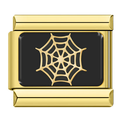 Gold & Black Spooky Halloween Italian Charms — Witch, Pumpkin, Ghost, Skull & Spider Web Links