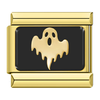 Gold & Black Spooky Halloween Italian Charms — Witch, Pumpkin, Ghost, Skull & Spider Web Links