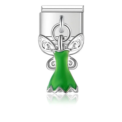 Elegant Silver Dangle Italian Charms — Racing Flag, Fairy, Christmas & Dress Drop Pendants