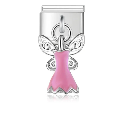 Elegant Silver Dangle Italian Charms — Racing Flag, Fairy, Christmas & Dress Drop Pendants