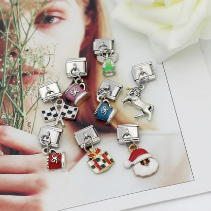 Elegant Silver Dangle Italian Charms — Racing Flag, Fairy, Christmas & Dress Drop Pendants