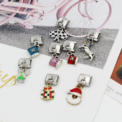 Elegant Silver Dangle Italian Charms — Racing Flag, Fairy, Christmas & Dress Drop Pendants