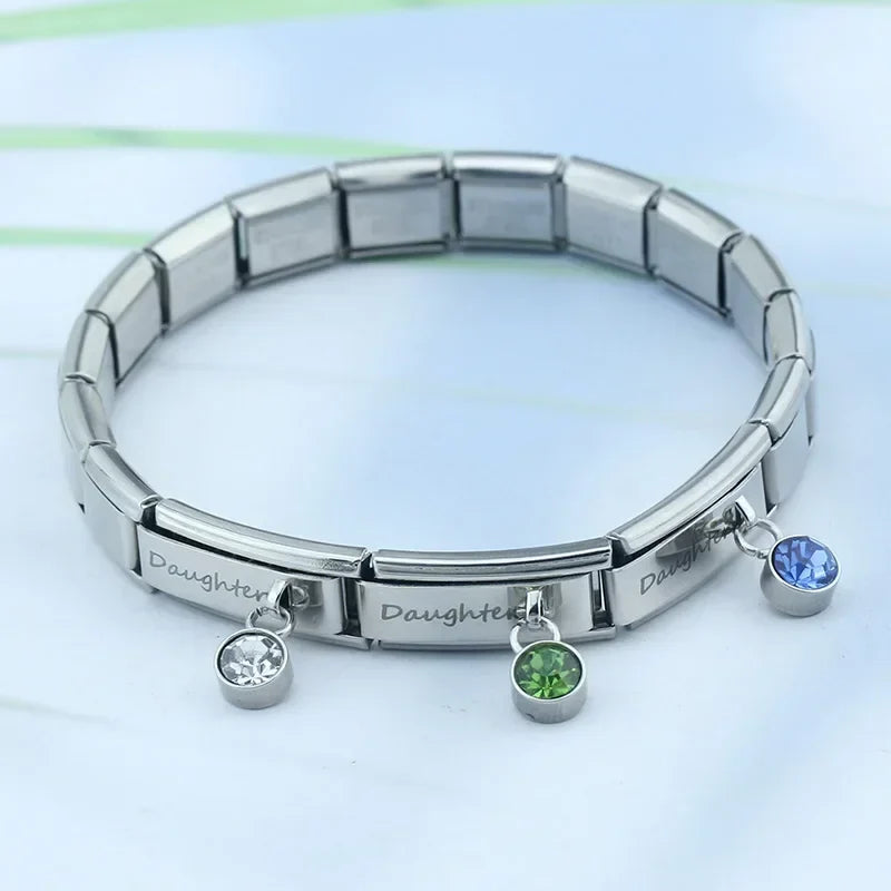 Daughter" Birthstone Solitaire Dangle Charm in Silver