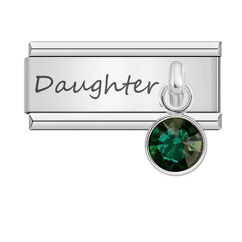 Daughter" Birthstone Solitaire Dangle Charm in Silver