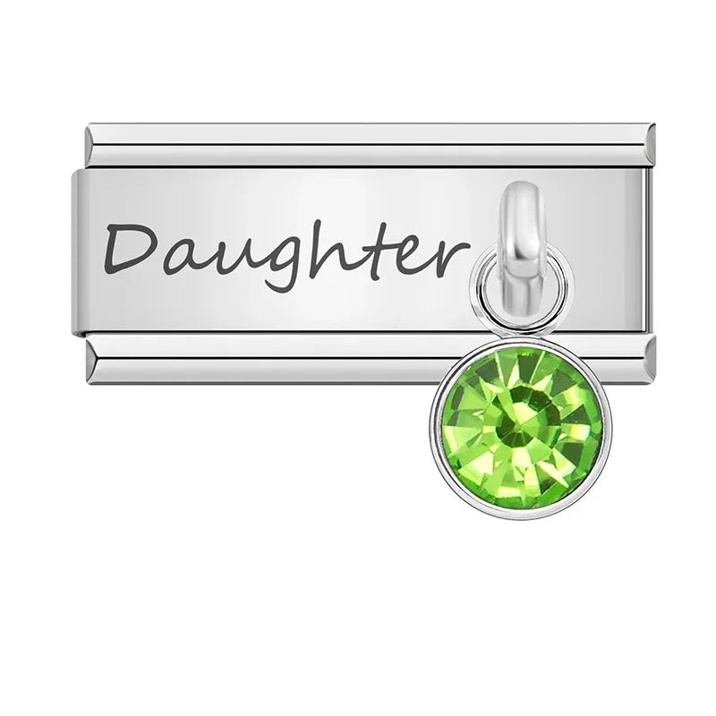 Daughter" Birthstone Solitaire Dangle Charm in Silver