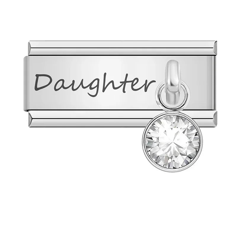 Daughter" Birthstone Solitaire Dangle Charm in Silver