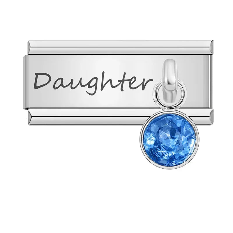 Daughter" Birthstone Solitaire Dangle Charm in Silver