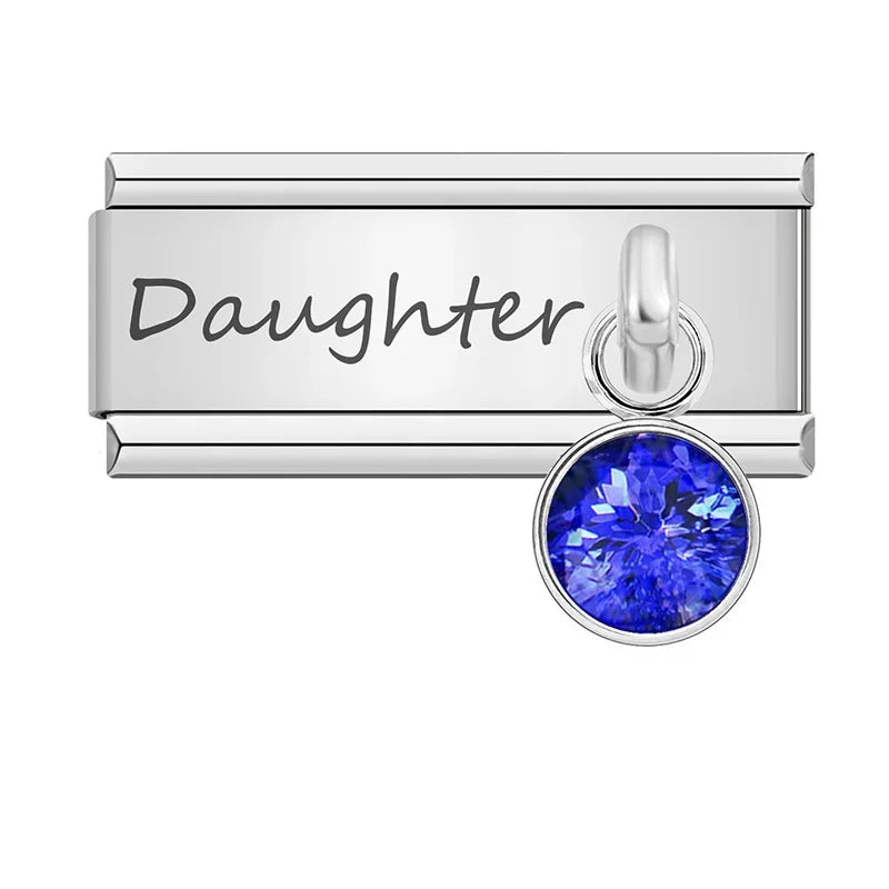 Daughter" Birthstone Solitaire Dangle Charm in Silver