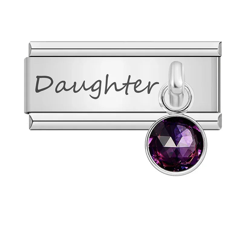 Daughter" Birthstone Solitaire Dangle Charm in Silver