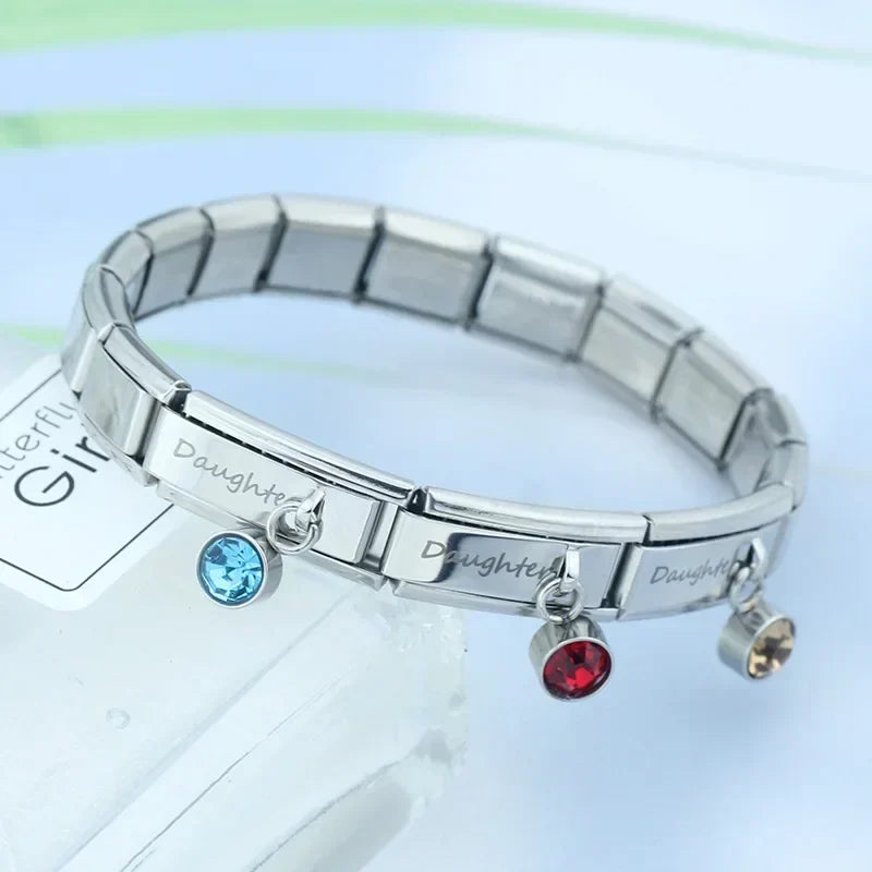 Daughter" Birthstone Solitaire Dangle Charm in Silver