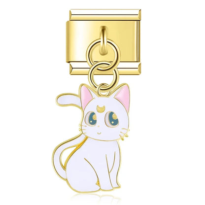 The Whimsical Gold Enamel Cat Dangle Charm in Gold