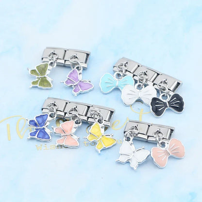 Colourful Butterfly & Bowknot Dangle Italian Charms — Pastel Butterfly & Bow Dangle Links