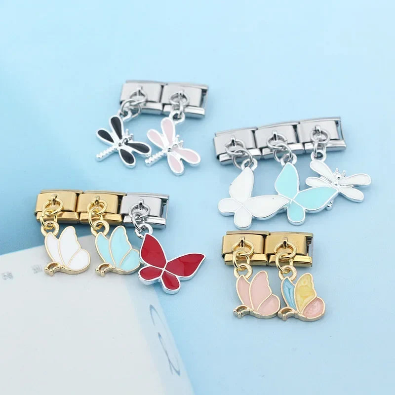 The Enamel Dragonfly & Butterfly Dangle Charm in Silver