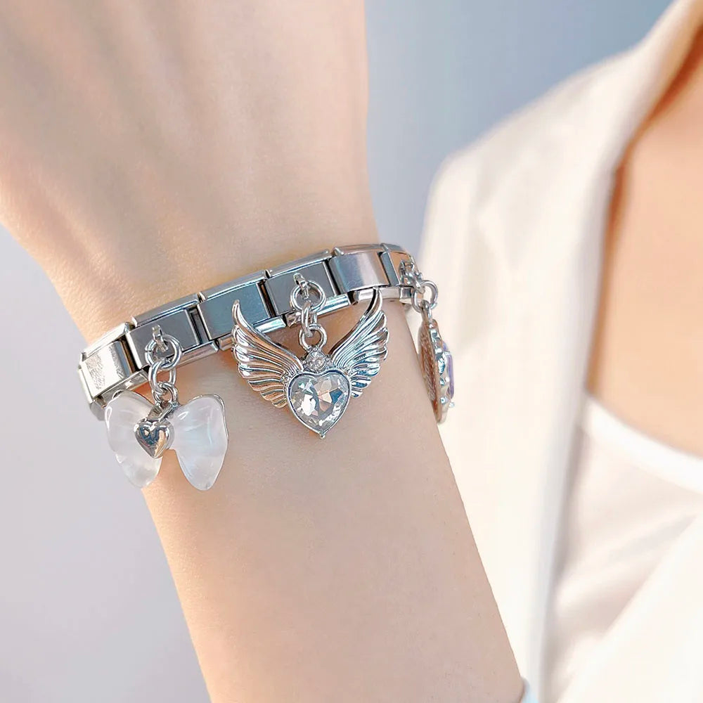 Bow Knot Angel Wings Shiny silver charms