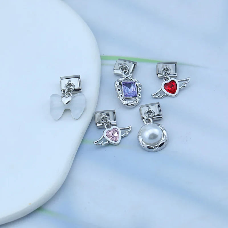Bow Knot Angel Wings Shiny silver charms