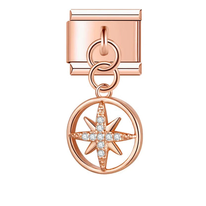 Flower Round Star Shiny Dangle Italian Charms — Gold CZ Crystal Round & Star Dangle Links