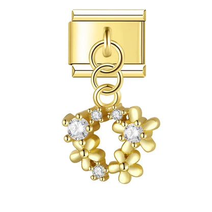 Flower Round Star Shiny Dangle Italian Charms — Gold CZ Crystal Round & Star Dangle Links