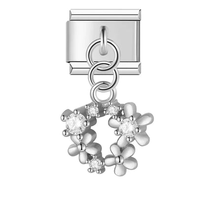 Flower Round Star Shiny Dangle Italian Charms — Gold CZ Crystal Round & Star Dangle Links