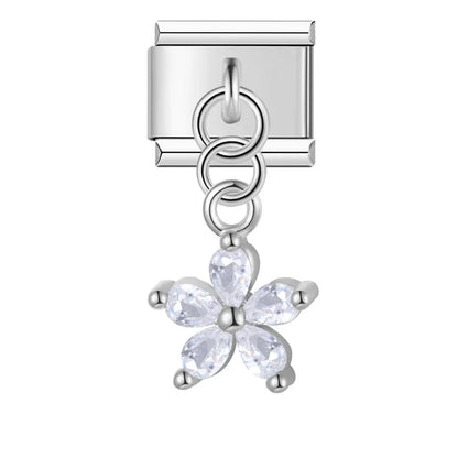Flower Round Star Shiny Dangle Italian Charms — Gold CZ Crystal Round & Star Dangle Links