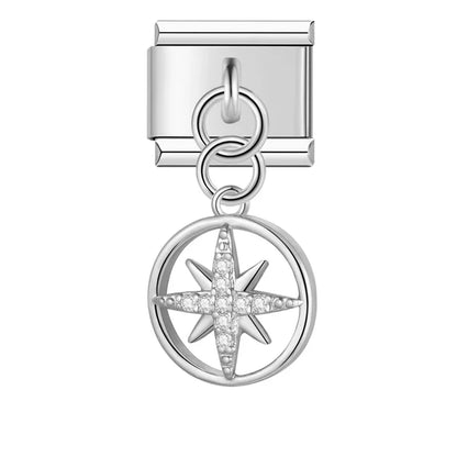 Flower Round Star Shiny Dangle Italian Charms — Gold CZ Crystal Round & Star Dangle Links