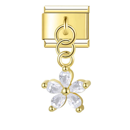 Flower Round Star Shiny Dangle Italian Charms — Gold CZ Crystal Round & Star Dangle Links