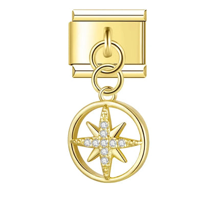 Flower Round Star Shiny Dangle Italian Charms — Gold CZ Crystal Round & Star Dangle Links