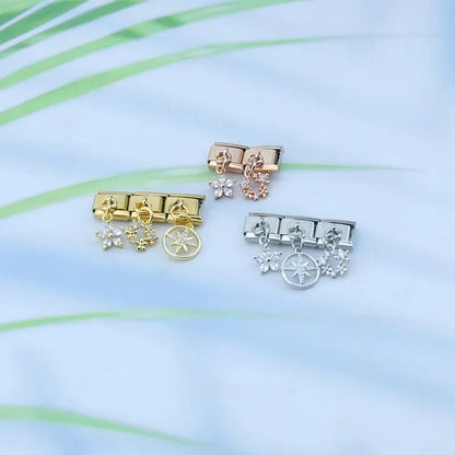 Flower Round Star Shiny Dangle Italian Charms — Gold CZ Crystal Round & Star Dangle Links