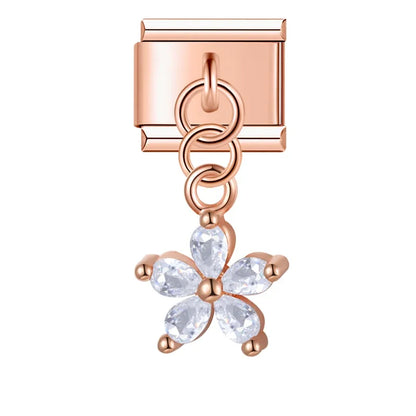 Flower Round Star Shiny Dangle Italian Charms — Gold CZ Crystal Round & Star Dangle Links
