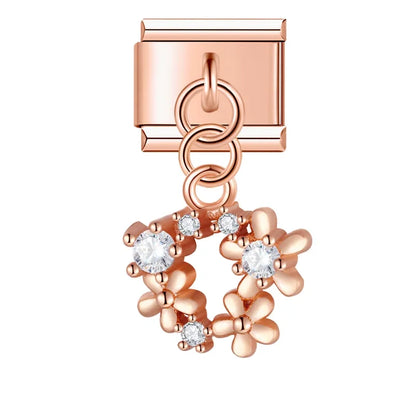 Flower Round Star Shiny Dangle Italian Charms — Gold CZ Crystal Round & Star Dangle Links