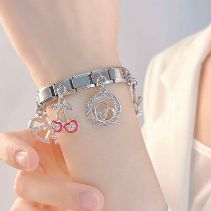 Heart & Cherry CZ Dangle Italian Charms (Silver)