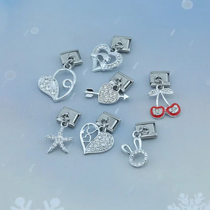 Heart & Cherry CZ Dangle Italian Charms (Silver)