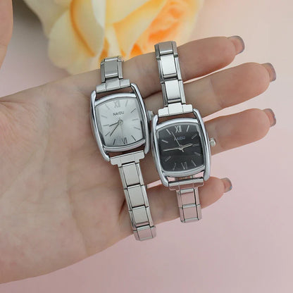 Classic Silver Soft Rectangle Watch with Roman Numerals — Elegant Italian Charm Watch Bracelet