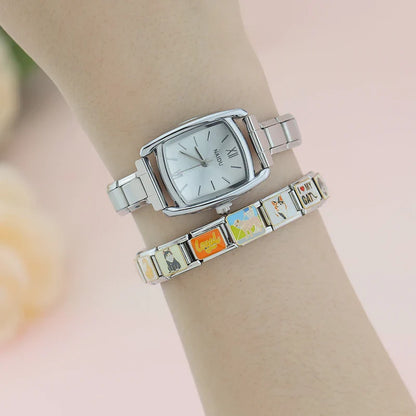 Classic Silver Soft Rectangle Watch with Roman Numerals — Elegant Italian Charm Watch Bracelet