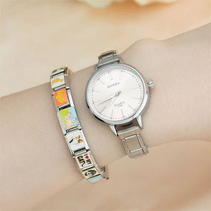 Elegant Round Watch — Blue, Pink, Black & White Dial Italian Charm Watch Bracelet
