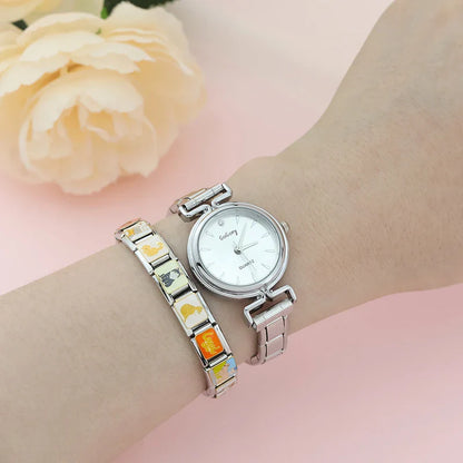 Elegant Round Watch with Crystal Detail — Sparkling Italian Charm Watch Bracelet