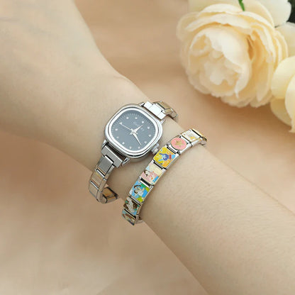 Square Crystal Dot Italian Charm Watch — Sparkling Crystal Hour Marker Watch Bracelet