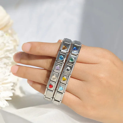 Crystal Heart Gemstone Italian Charms — CZ Birthstone Colour Bracelet Links