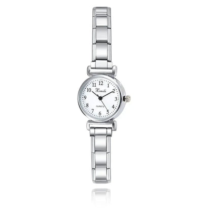 Timeless Petite Round Watch with Classic Numerals — Dainty Italian Charm Watch Bracelet