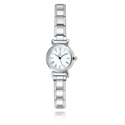 Small Round Silver Watch with Roman Numeral Dial — Dainty Italian Charm Watch Bracelet