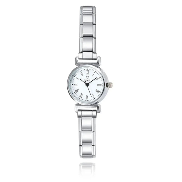 Small Round Silver Watch with Roman Numeral Dial — Dainty Italian Charm Watch Bracelet